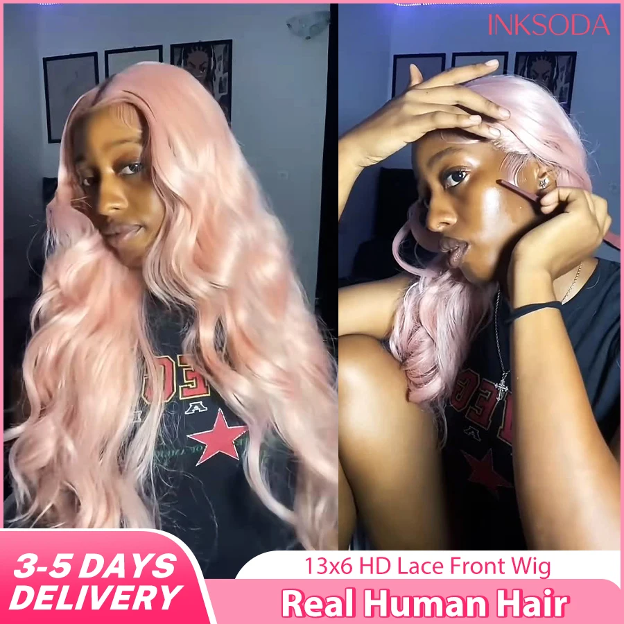 16-36 Inch Pink Colored 12A Grade Body Wave Human Hair Wig 220% Density For Natural Look HD Lace Frontal Fluffy Bouncy Curls For Women Pre Plucked 13x6 13x4 HD Transparent Lace Frontal Human Hair Wigs Pink Colored Human Hair Wigs