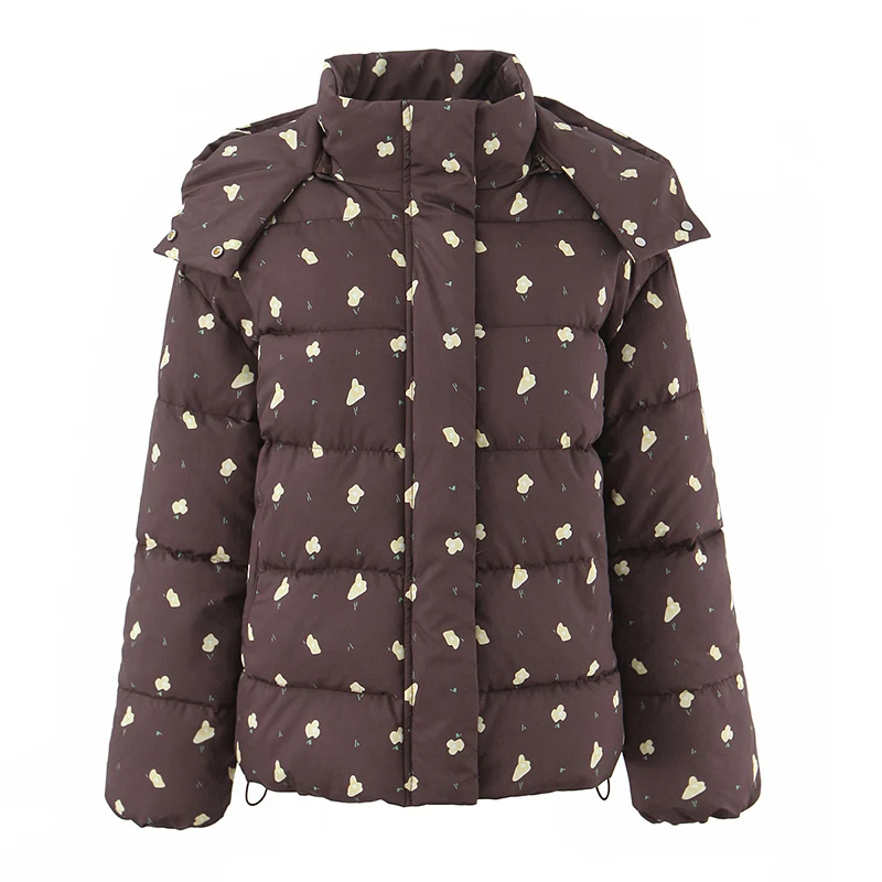 

2025 Fall/Winter new women's clothing, hooded brown cotton jacket, with a fresh small floral pattern style.