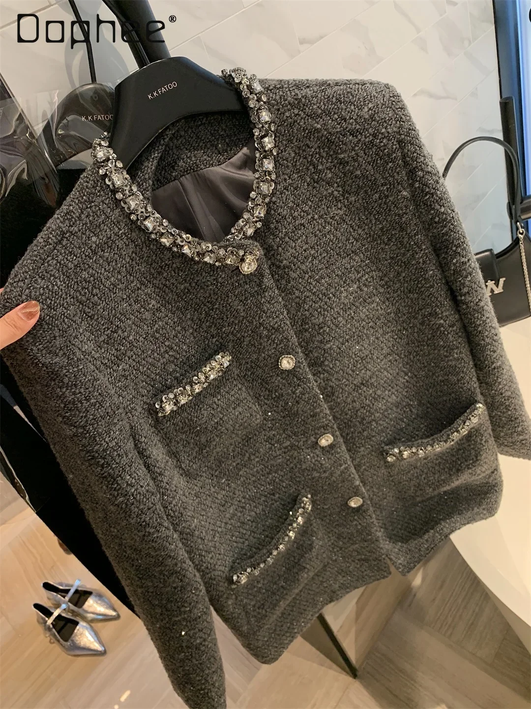 

Rhinestone Tweed Coat Women 2024 Autumn and Winter Sequined Round Collar Single-breasted Jackets Temperament Gray Elegant