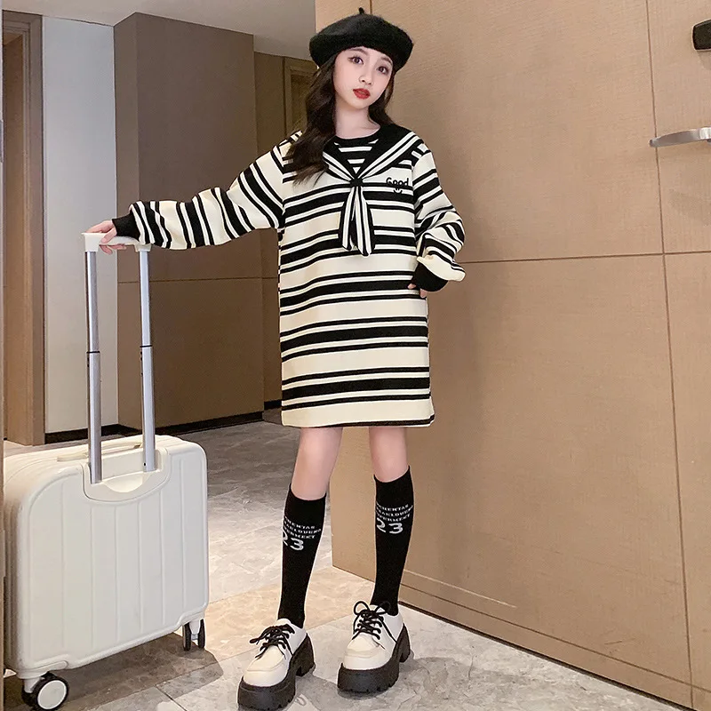 

Girls Fashion Striped Preppy Style Long Sweatshirt Dress for Teenager Autumn New Arrival Loose Korean Costume Kids Clothes 6-14Y