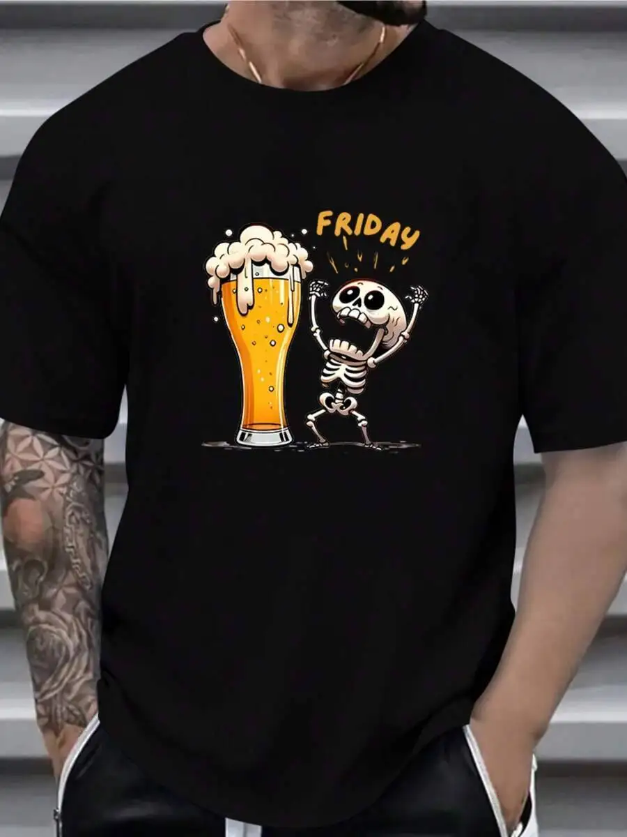 Skull With Beer & Friday Print Men's Plus Size Short Sleeve Crew Neck T-Shirt, Breathable Lightweight Tee, Stylish Top 100%