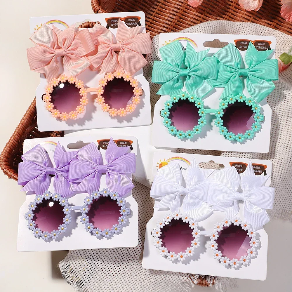 2Pcs/set Cute Girl Bow Hairclips Retro Flower Sunglasses Printing Handmade Hairgripes Kids Headwear Glasses Baby Accessories