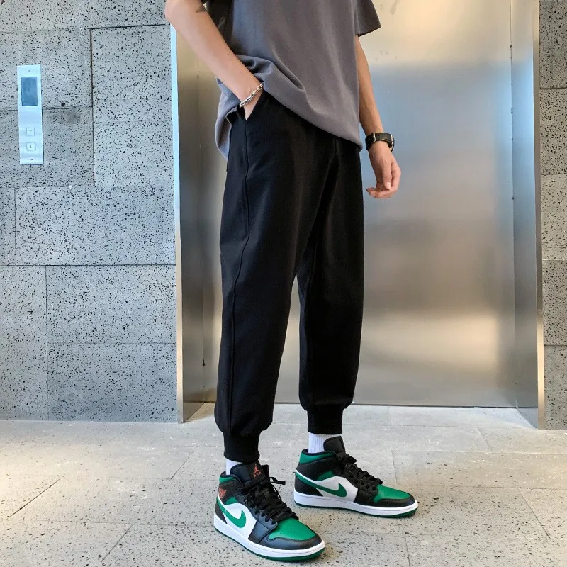 

Men's Casual Ice Silk Sports Pants Nine Points Thin Loose Fit Bla Harajuku Sle Elastic Waist Polyester Fiber Youth Trend