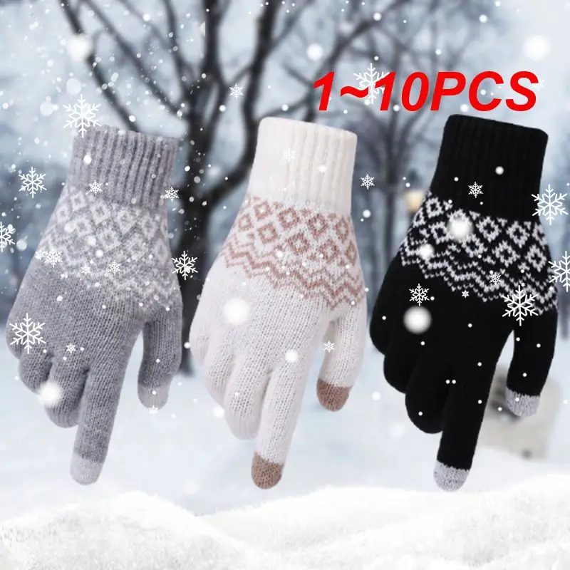 1 ~ 10 SZTUK Zimowe rękawiczki do ekranów dotykowych Kobiety Mężczyźni Ciepłe, rozciągliwe rękawiczki z dzianiny Imitacja wełny Jednolity kolor Pełny palec Sport na świeżym powietrzu