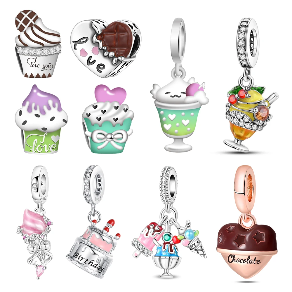 Dessert Series 925 Sterling Silver Ice Cream Cake Croissants Chocolate Skewers Decoration Fit DIY Bracelet Necklace Lovely Gifts