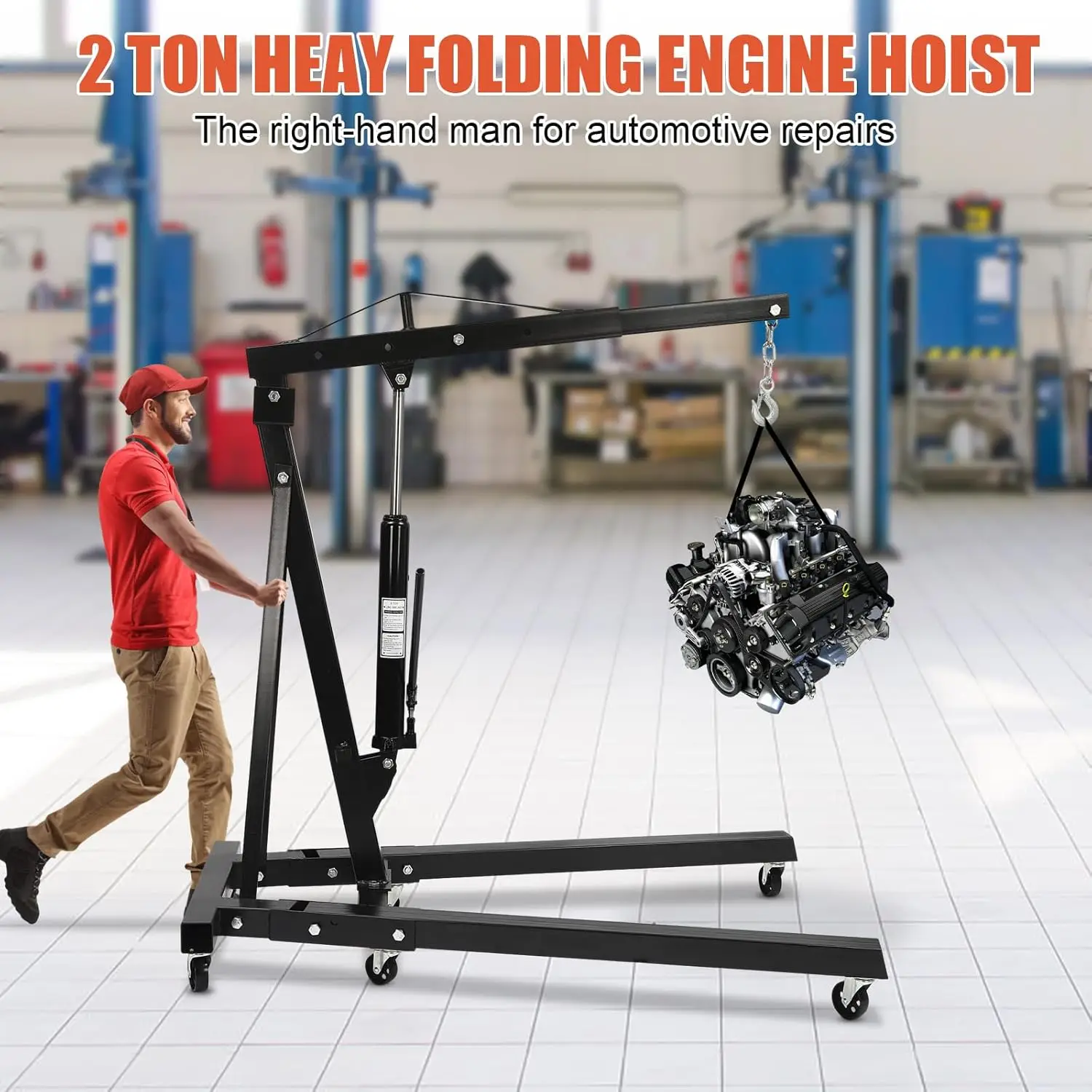 2 Ton Folding Hydraulic Engine Hoist Crane Hoist Lift, Cherry Picker Shop Crane Hoist, 4409lb Engine Hoist, Heavy Duty Folding