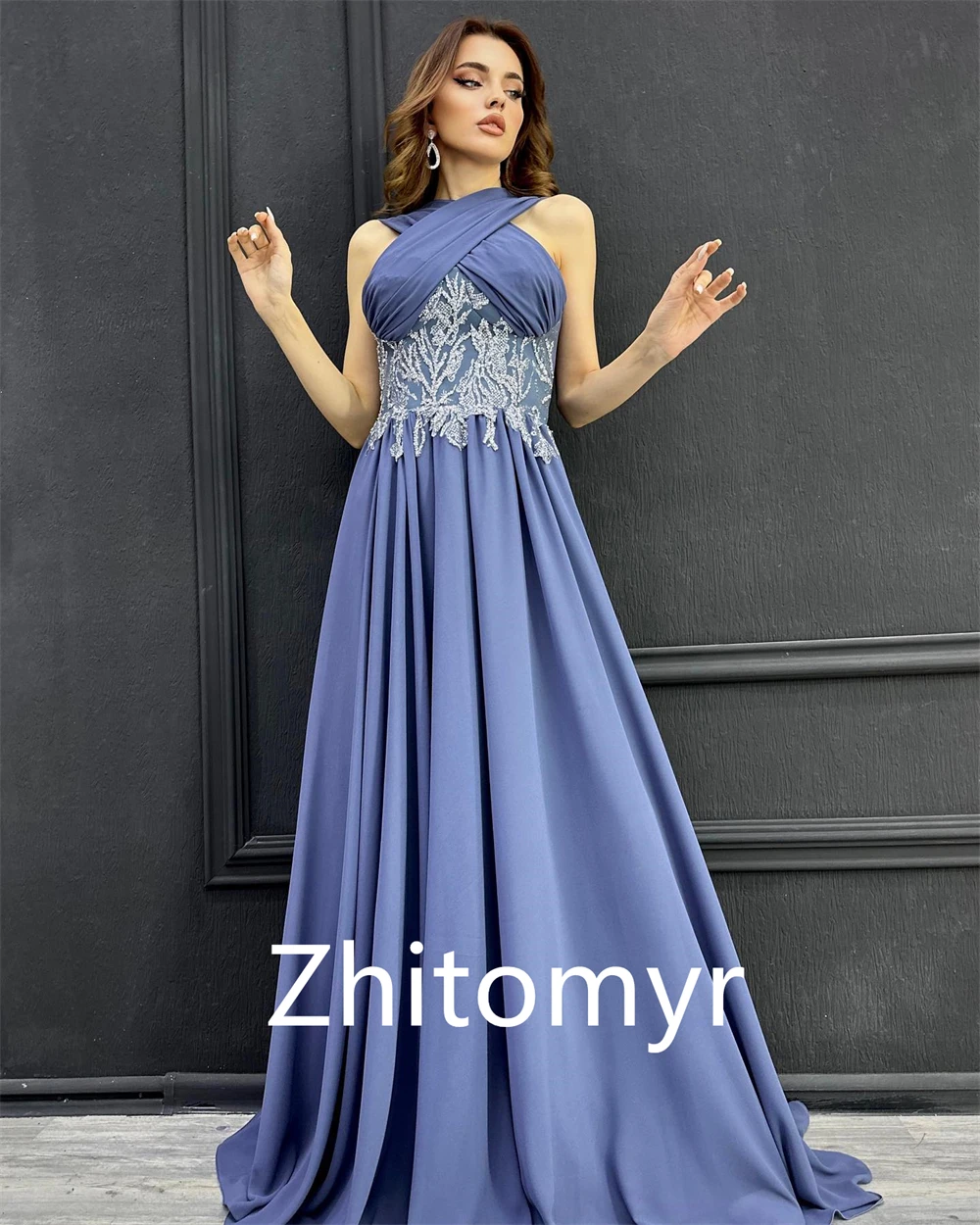 Prom Dress Evening Saudi Arabia Jersey Pattern Ruched Prom A-line Halter Bespoke Occasion Gown Long Dresses