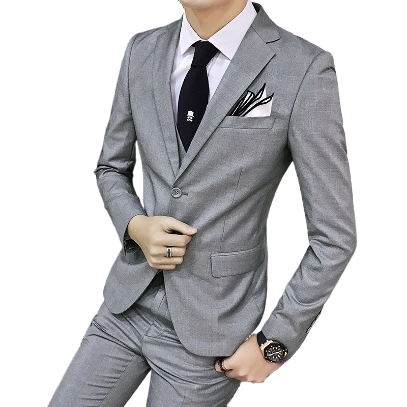 Suit (Blazer+vest+pants) Men\'s Fashion Business Korean Version of Solid Color Slim-fit Wedding Professional Gentleman Dress 6XL