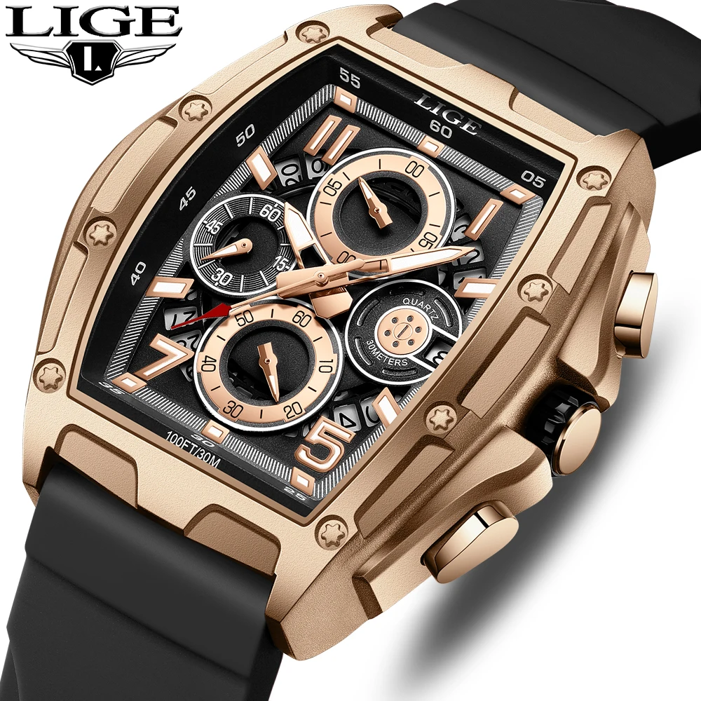 LIGE Men Watch Top Brand Original Sports Quartz Mens Watches Silicone Band Waterproof Chronograph Wristwatch Relogios Masculinos