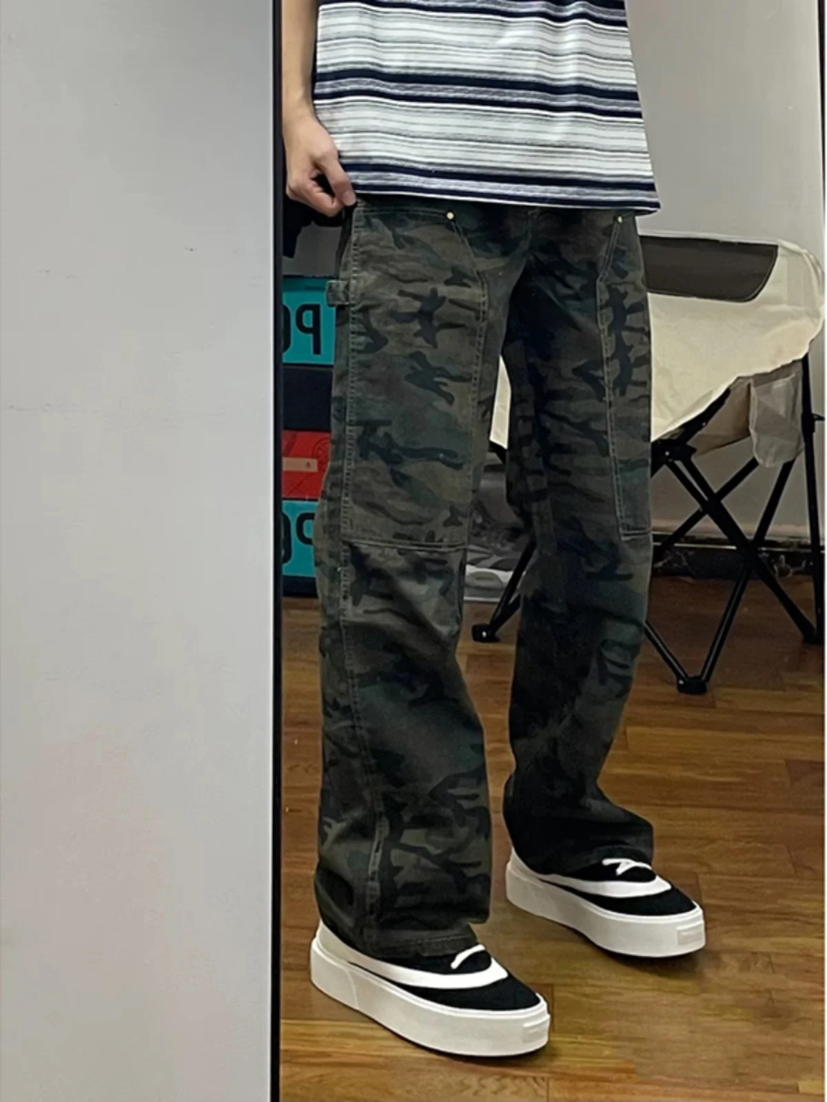 

American Workwear Camouflage Jeans Men's Autumn Rivet Design Logging Straight Leg Knife Bootcut Jeans Trendy High Street Sle