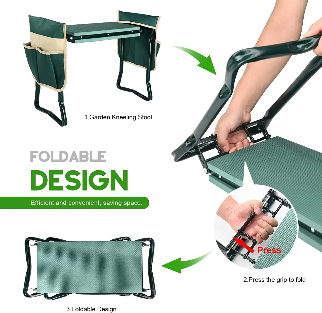 Asiento y arrodillador de jardín mejorado, taburete plegable de alta resistencia con 2 bolsas de herramientas, almohadilla suave para arrodillarse, espesar y ensanchar