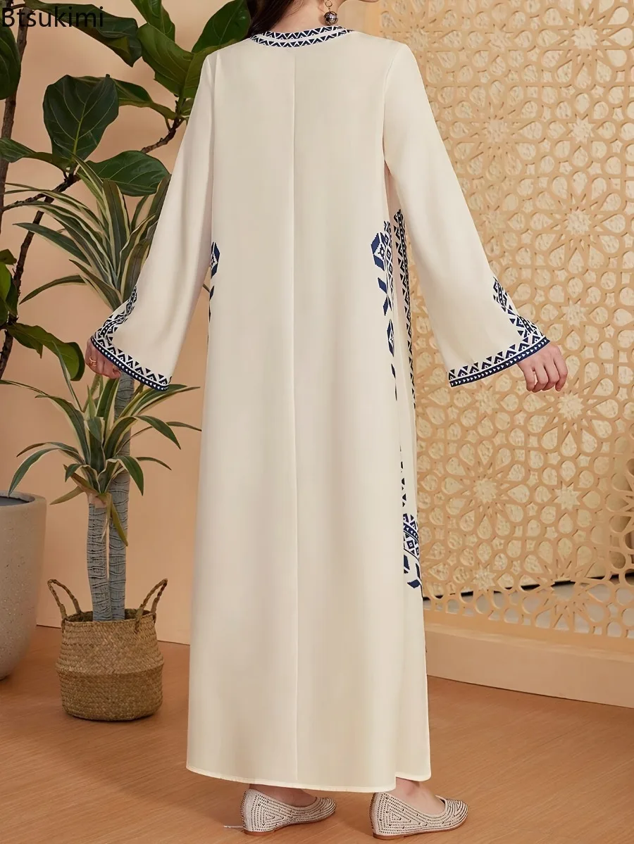 Fashion Muslim Abaya Women's Print V-neck Robe Spring New Long Sleeve Ethnic Style Casual Maxi Dress Arab Elegant Women Clothing 3