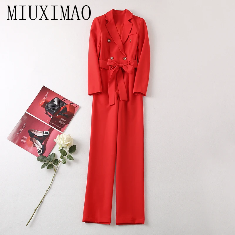 

MIUXIMAO 2022 High Quality Autumn&Winter Elegant Jumpsuits Long Sleeve Notched Solid Button Belt Fashion Jumpsuits Women Vestide