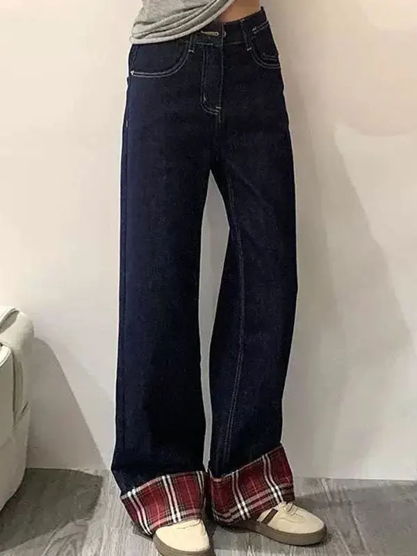 

High Waist Plaid Loose Fit Women's Jeans High Waist Pocket Detail Denim Pants Autumn Winter plus Size Wide Leg Jeans