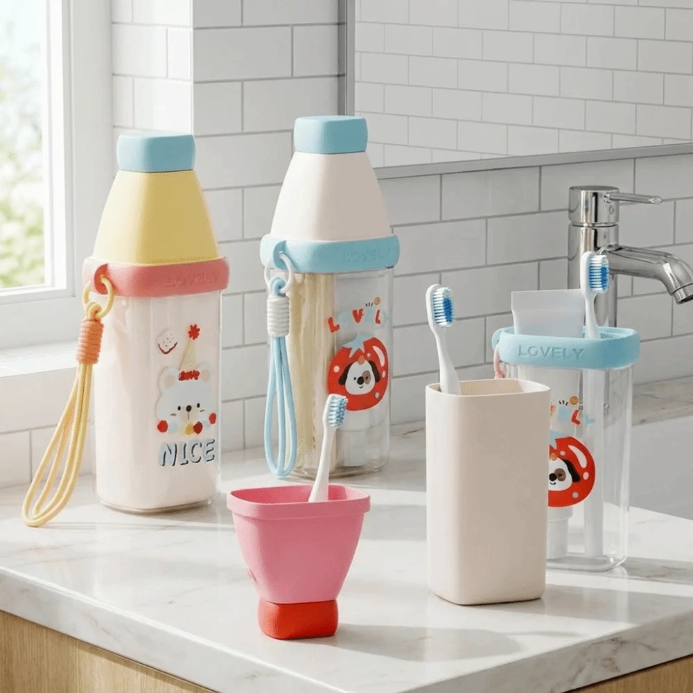 Plastic 3 in 1 Toothbrush Cup Cartoon Space Saving Toothbrush Toothpaste Storage Box Large Capacity Toothbrush Storage Case