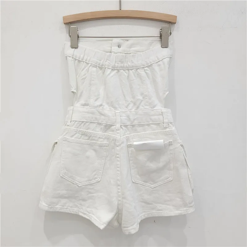 Women's Denim Jumpsuit Shorts - Summer Fashion A-Line Wide Leg Overalls with Button Details, Trendy Workwear Style