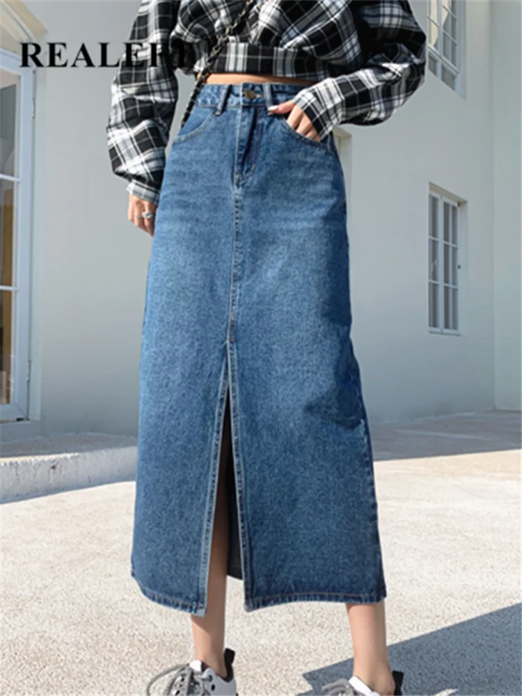 

REALEFT Summer 2023 New Front Split Women's Long Denim Skirt Vintage High Wasit Jeans Skirts Female Straight Blue Pencil Skirts