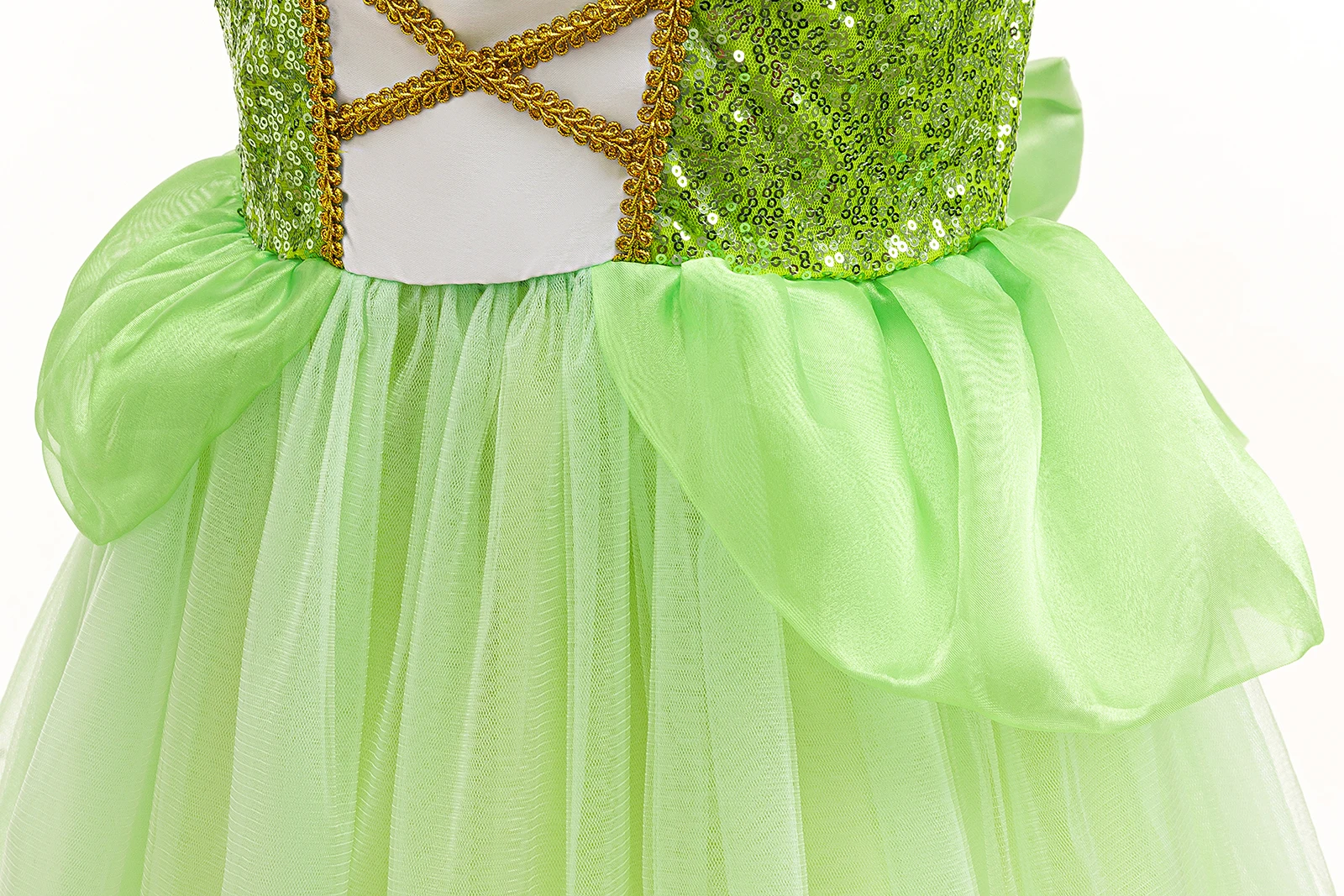 Prinzessin und Frosch Märchenkostüm Mädchen Sommerliches Frisches Grünes Kleid mit Pailletten Flügelärmeln Große Schleife Partykleid Tiana Cosplay Outfit – Detail 6