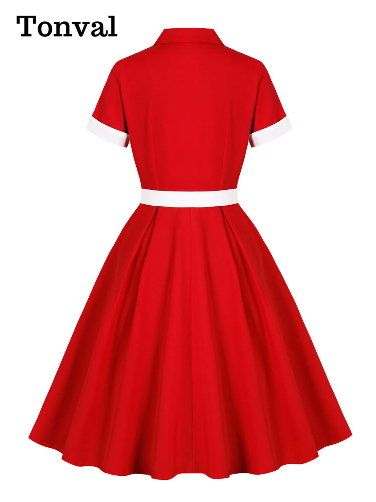 Tonval Contrast Collar and Cuff Buttons Front Christmas Red Dresses Vintage Clothing Women Pockets Side Birthday Swing Dress