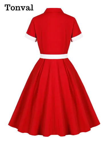 Imagen 2 del producto Tonval-vestidos rojos de Navidad con botones en contraste para mujer, ropa Vintage con bolsillos laterales, vestido con vuelo para cumpleaños