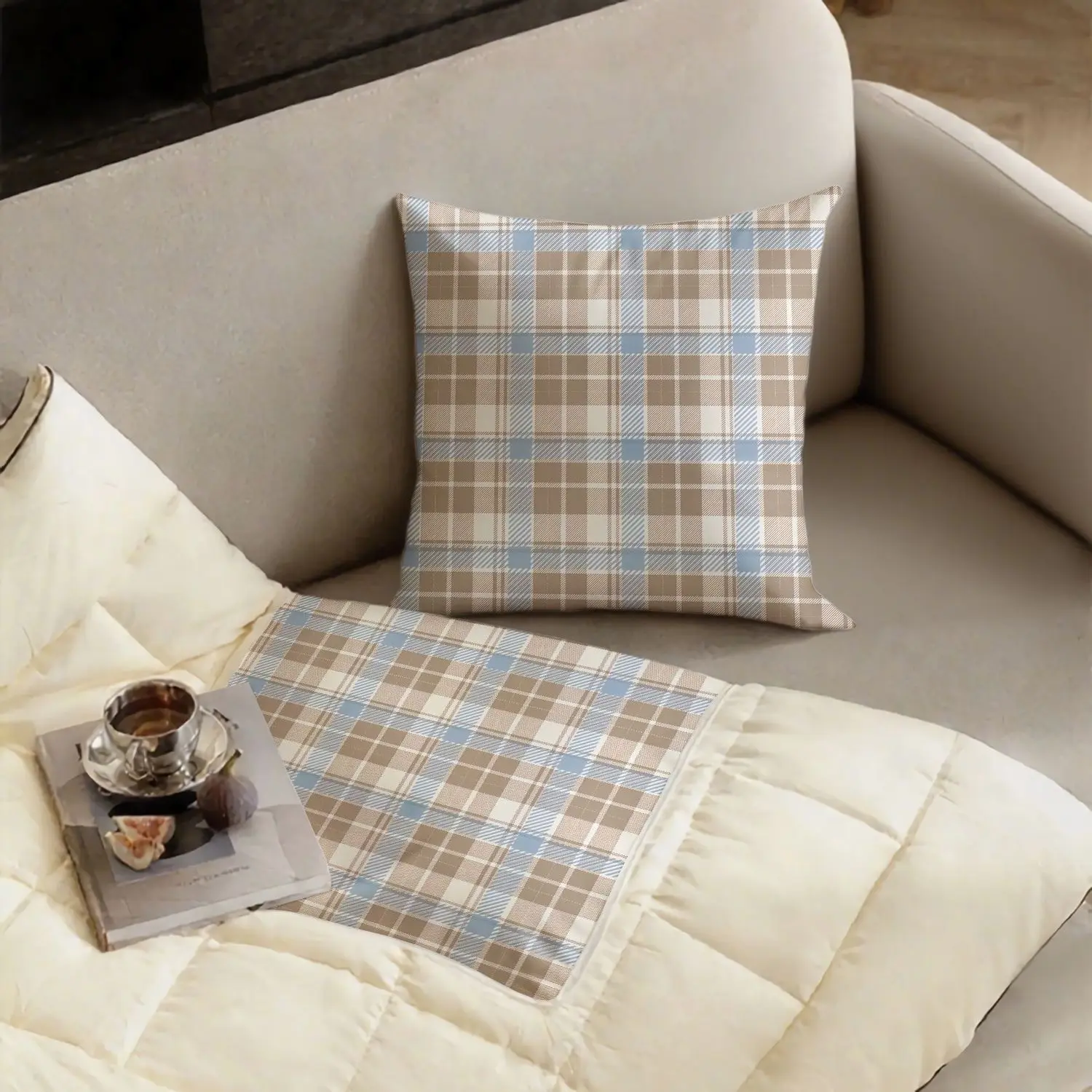 Blue Plaid Dot Decorative Pillow and Blanket Set, Soft Cream White Sofa Cushions, Portable Dual-use Throw for Living Room