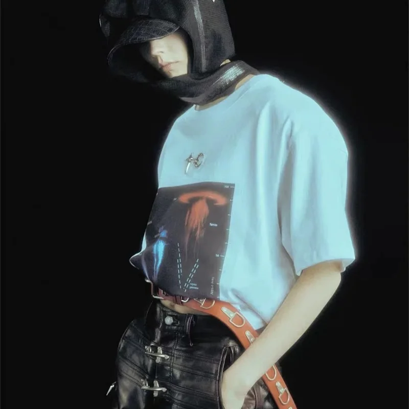 2026 Trendy THUG CLUB Metal Star Moon Logo Lightning Print Splicing Loose Couple Short Sleeve T-Shirt Skin-friendly Breathable