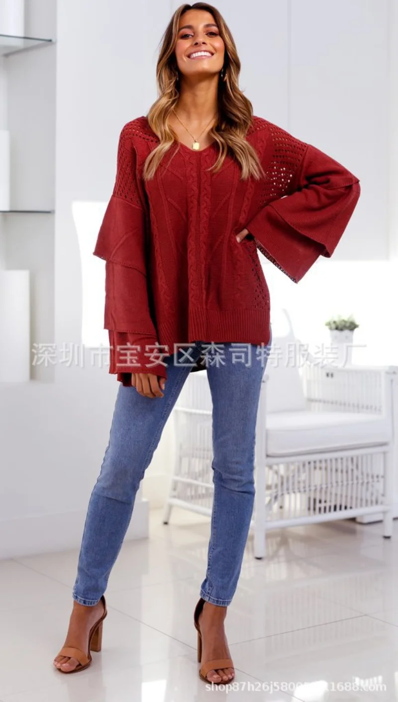 New Sweater Knitted Flared Sleevepullover Knitted Sweater Blouse of Hemp Pattern In Solid Color