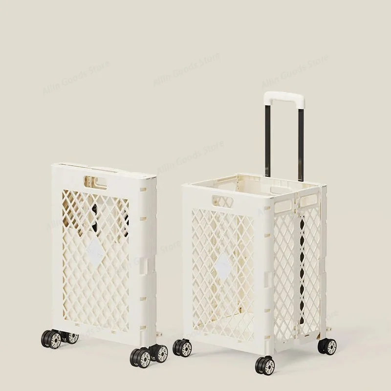 Foldable Shopping Trolley Retractable Handle & 360° Rotating Casters 65L PP Plastic Utility Cart for Grocery Storage & Transport