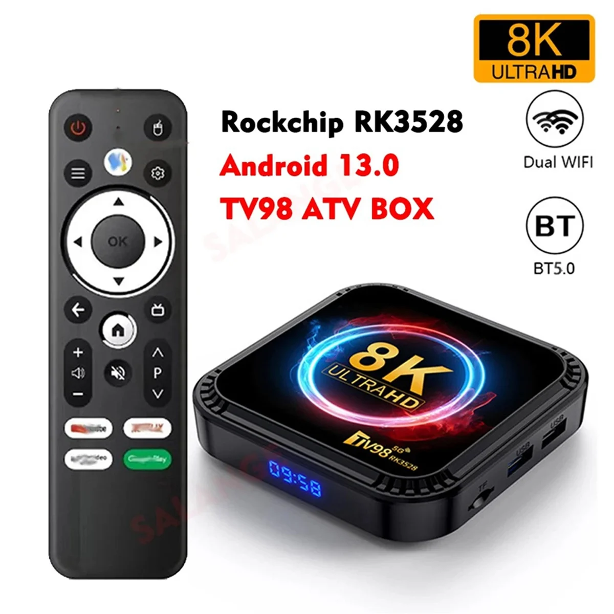 TV98 RK3528 Smart TV Box Android 13 8K HD 2.4G e 5G Wifi Media Player Mini Set Top Box, 4G + 64G US Plug & A36G