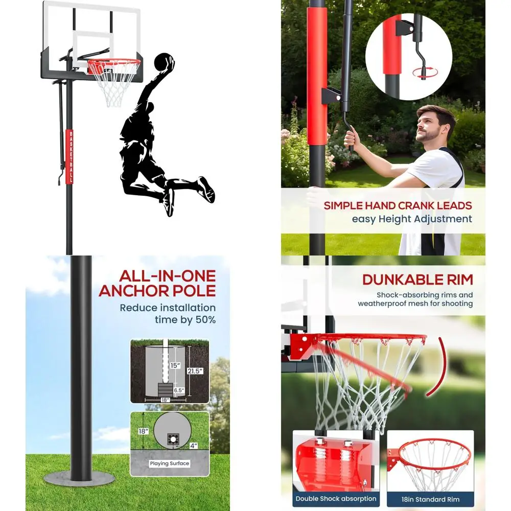 Verstelbaar basketbalringsysteem voor buiten, 7,5-10ft met slinger, geschikt voor alle leeftijden, 45-54 inch gehard glazen bord