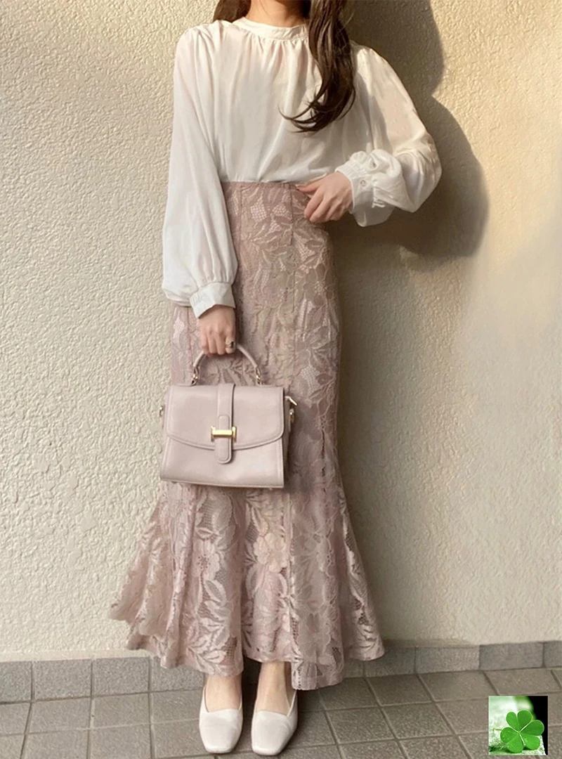 

Autumn Winter New Pure Color Floral Lace Fish Tail Midi Skirt High Waist Slim Fit Polyester Fiber Daily Wear B25160