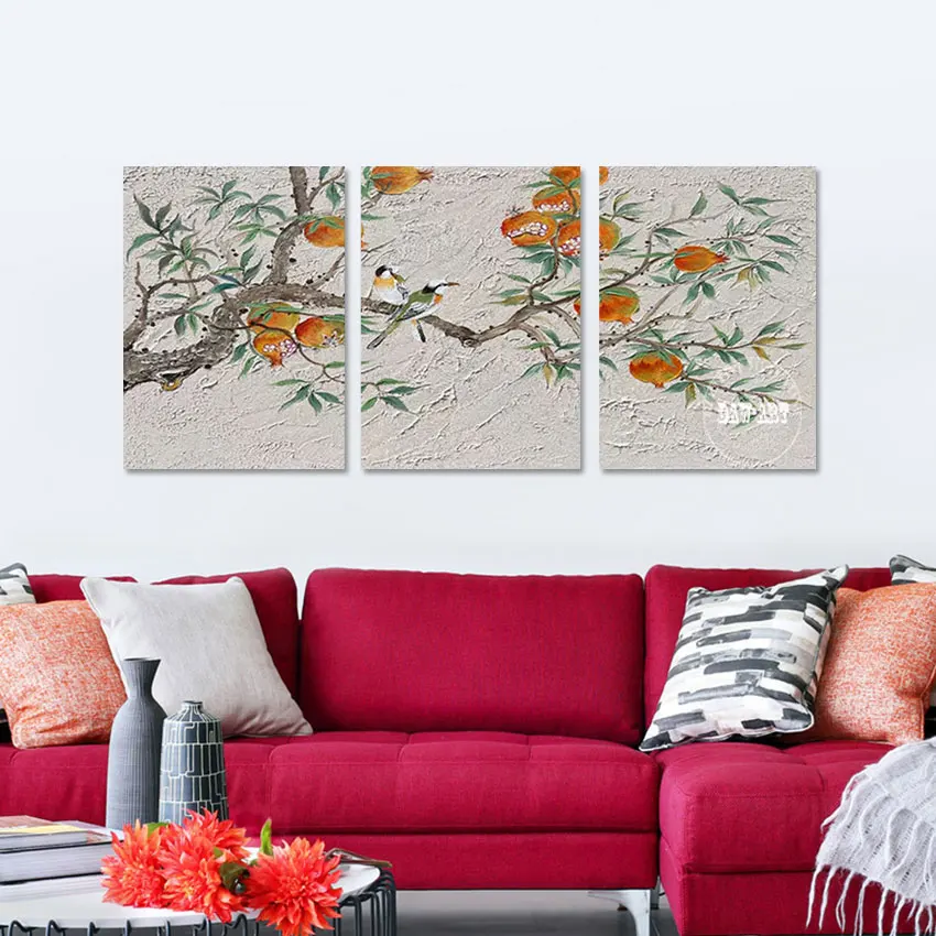 3PCS Plant Wall Canvas Artwork Abstract Acrylic Art Landscape Picture Frameless Pomegranate Tree Artistic Impressions Paintings