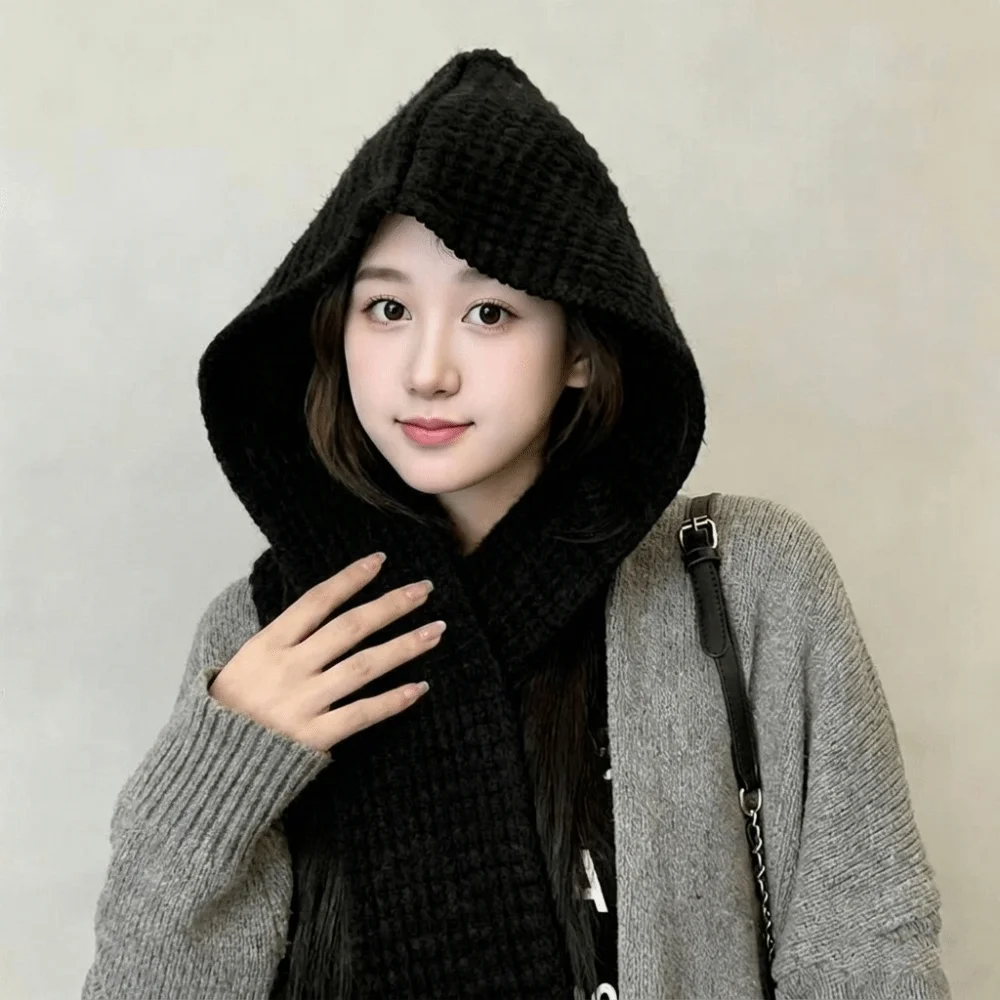 Acrylic Fibres Knitted Hooded Caps Soft Ear Protection Neck Collar Beanies Caps Keep Warm Embossing Winter Neckerchief Hat
