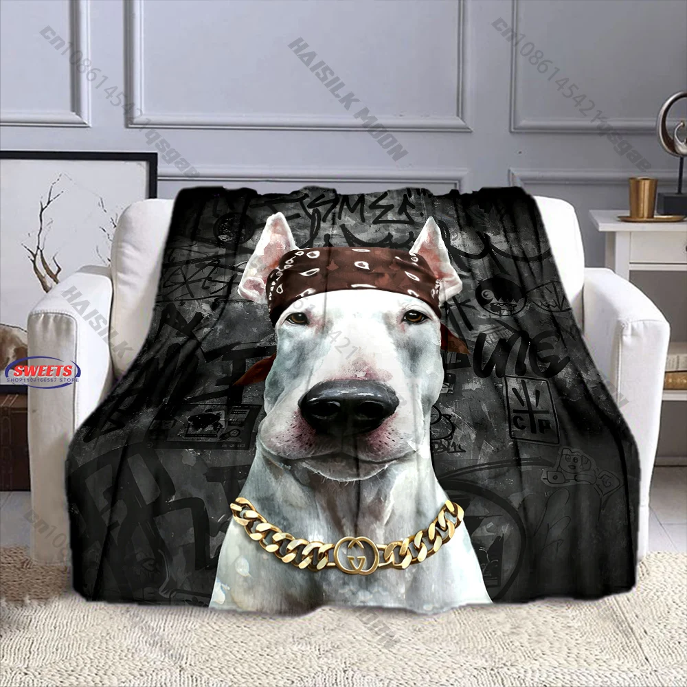 Hip Hop Style Bull Terrier Dog Print Throw Blanket Soft Warm Flannel Blanket for Streetwear Home Decor & Dog Lovers