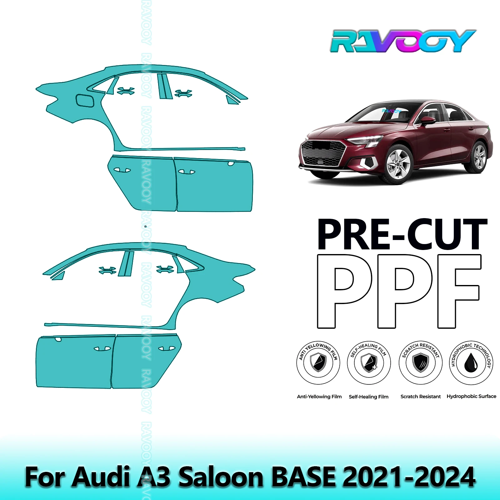 

For Audi A3 Saloon BASE 2021-2024 8.5mil Clear Matte Pre-Cut PPF Door & A/B Pillar Kit TPU Paint Protection Film Set