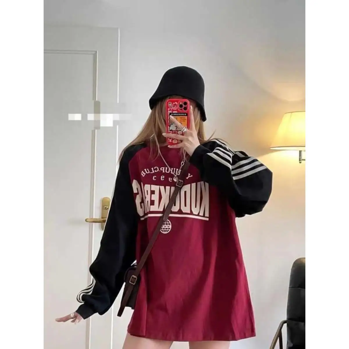 

Retro American Color Block Casual Sport Style Sweatshirt Loose Lazy round Neck Top for Women Spring Autumn Korean Style