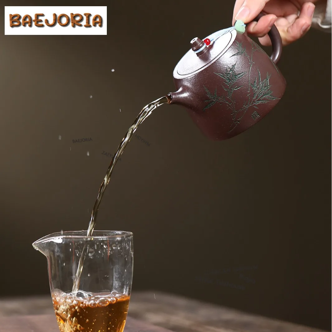 280ml Yixing Purple Clay Teapots Handmade Han Duo Bamboo Shadows Pot Raw Ore Purple Jade Gold Sand Mud Kettle Zisha Tea Set Gift