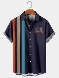 Hawaiian Men's Short Sleeved Shirt, Casual Stripe Printed National Style, Retro, Lapel, Open Button, Beach Top