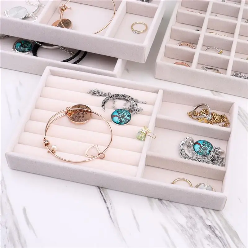 Velvet jewelry display tray box exquisite jewelry rack portable ring earring necklace storage box desktop finishing storage tray