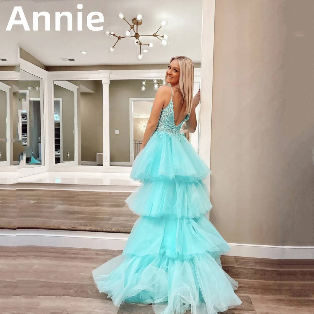 Annie 3D Hand Applique Prom Dresses Multiple Layers Of High And Low Tulle Evening Dress V-neck Light Blue 2023 Vestidos De Noche