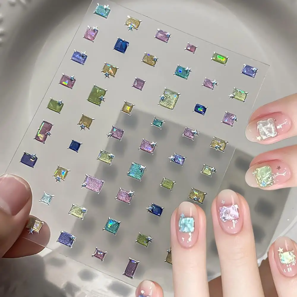 1Sheet Iridescent Square Gems Stars Nail Stickers Multicolors Rectangular Simulated Diamond Nails Decals DIY Manicure Decoration