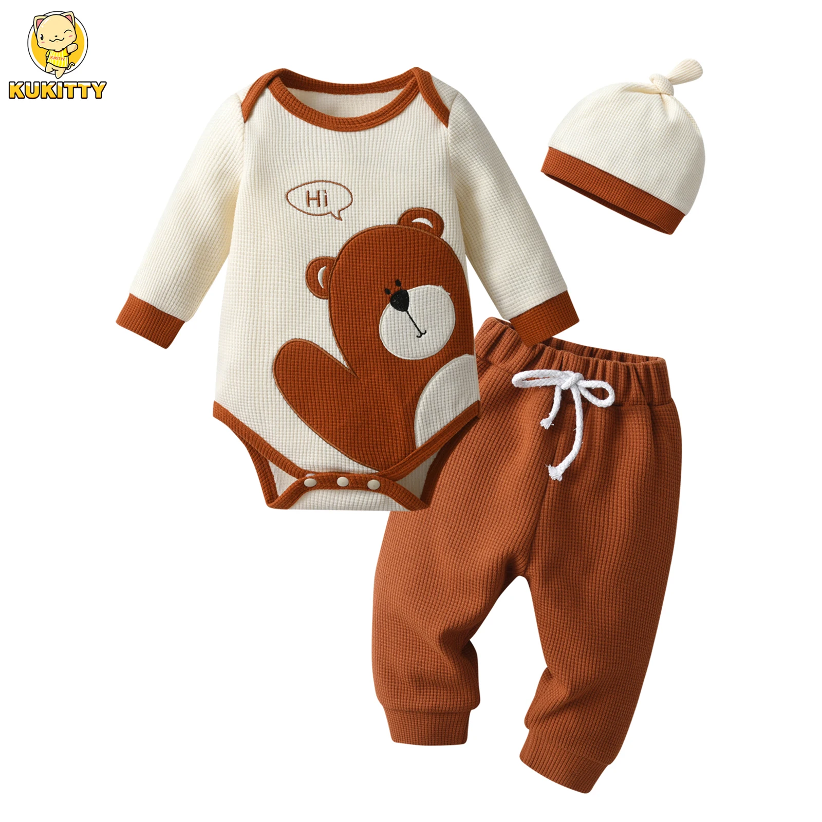 Cute Newborn Infant Baby Boy Spring Autumn Clothes Set Bear Printed Long Sleeve Romper Bodysuit Top and Pants Long Cap Outfit