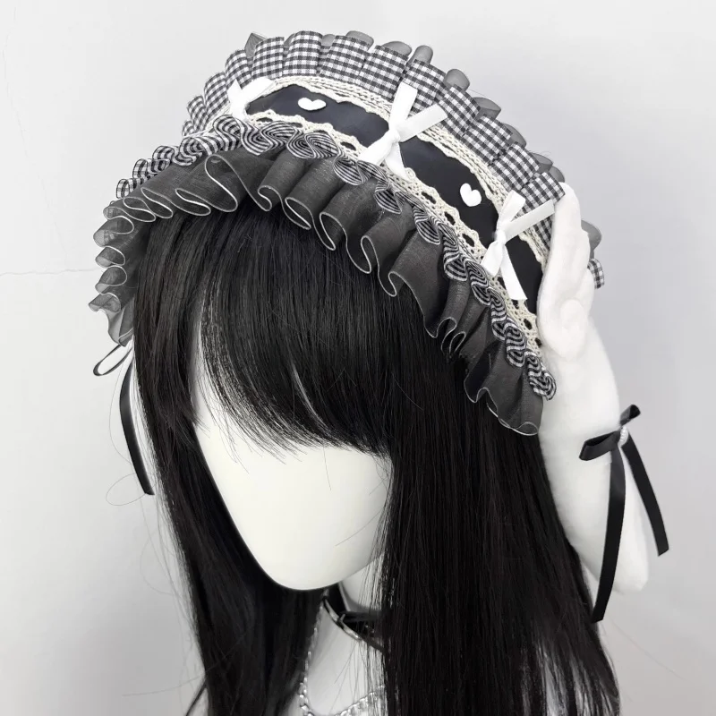 Nieuwe handgemaakte Lolita Gothic zwart-wit geruite engel konijn oor hoofdband subcultuur Y2K meisje hart vleugels hoofddeksel