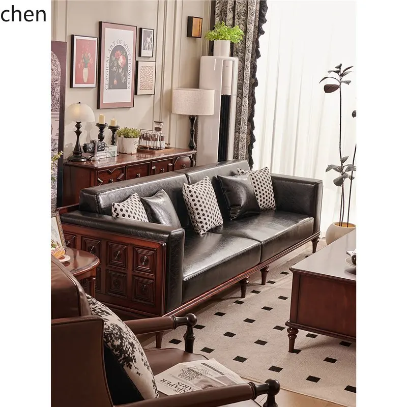 CZ Solid Wood Sofa Living Room Retro Four-Seater Straight Row Top Layer Sofa Furniture