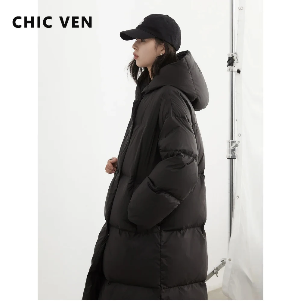 

CHIC VEN Новые женские длинные пуховые пальто, однотонные, толстые, свободные, повседневные, с капюшоном, пуховик 90, белый утиный пух для девочек, одежда, зима 2025