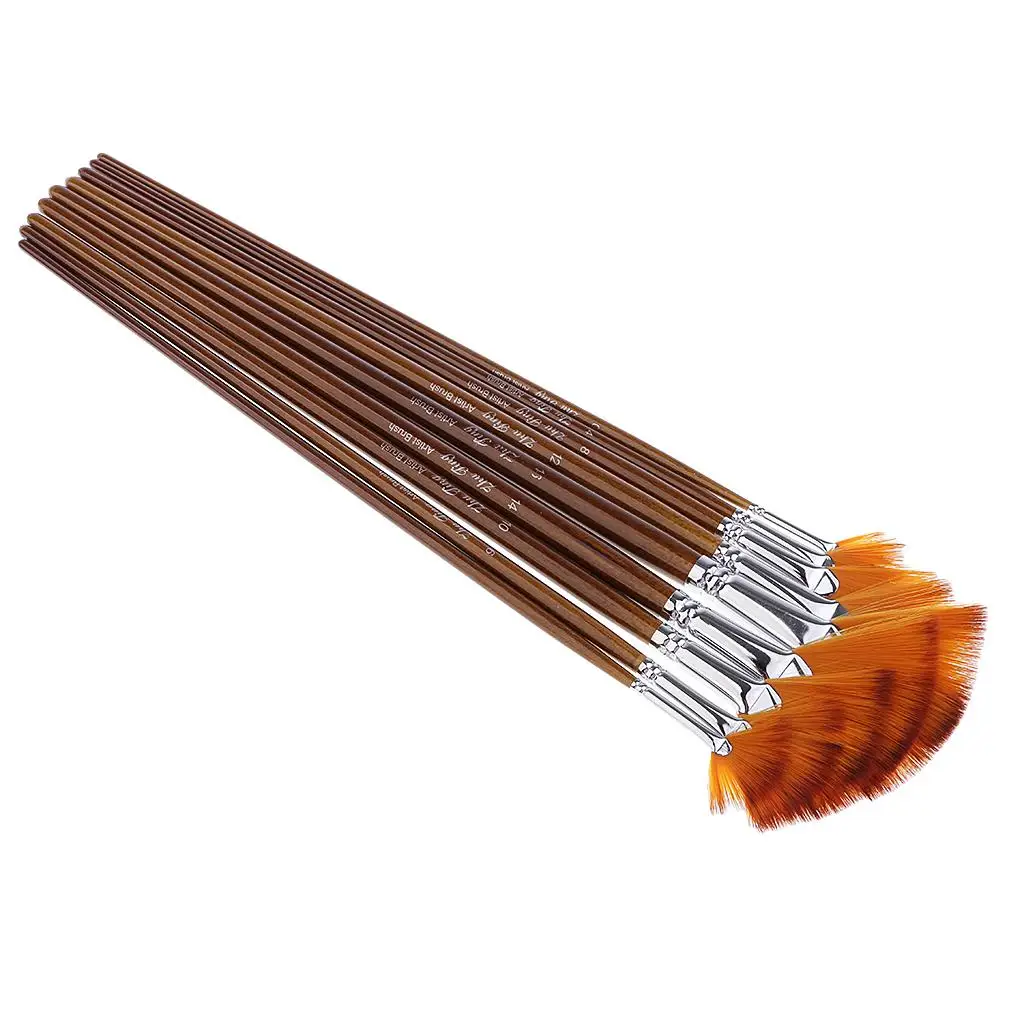 Set 9 Size Fan Shape Brushes Oil Acrylic Water Painting Artist Wooden Handle