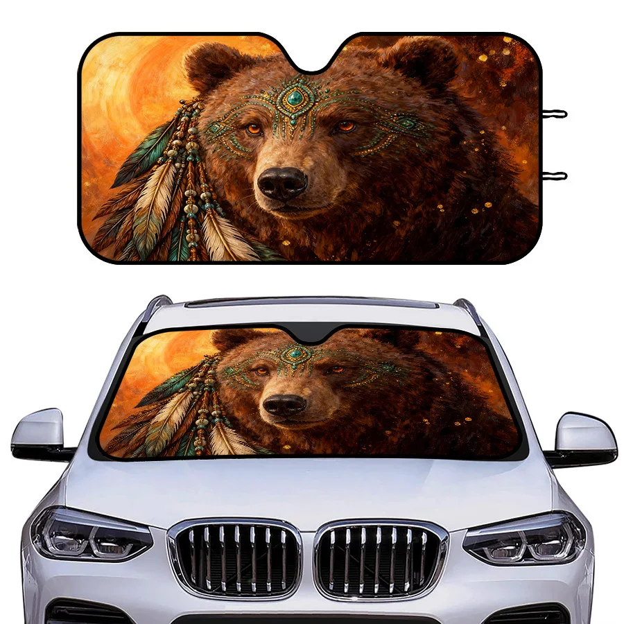 Multifunctional Foldable Car Window Sun Shade 3 Sizes - Bear With Turquoise Headdress And Feathers, Orange Sunset Background - F