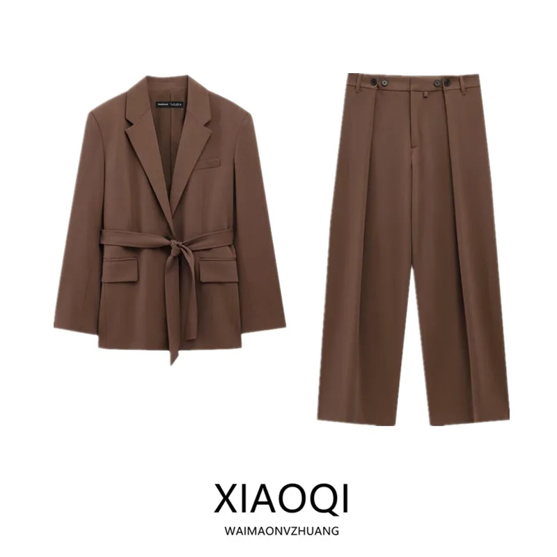 

Spring 2025 Women's Casual Straight Leg Long Sve Suit Jaet with Belt New Arrival Faion Set for Younger Women