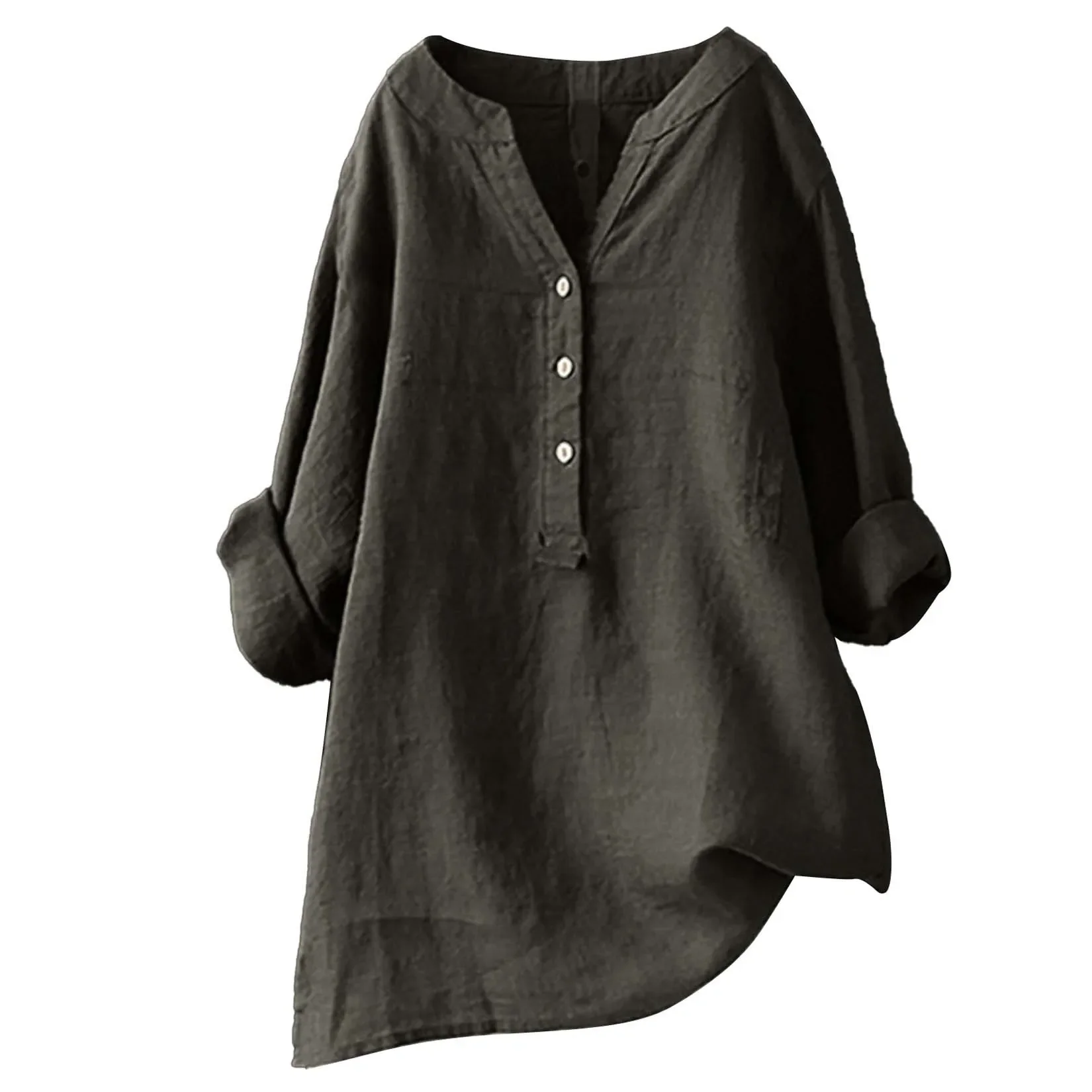 เสื้อเชิ้ตผ้าฝ้ายผสมผ้าลินิน ใ - Casual Loose Linen Shirt Dress บทวิจารณ์และราคา