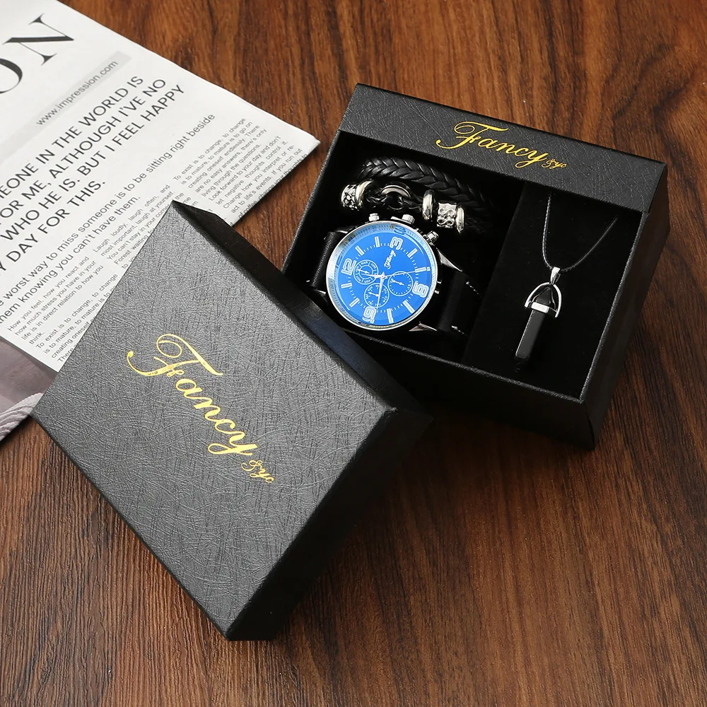 Men's Business Watch Set Light Luxury Necklace Bracelet Quartz Watch Set Christmas Gift Valentine's Day Gift Boyfriend +Box